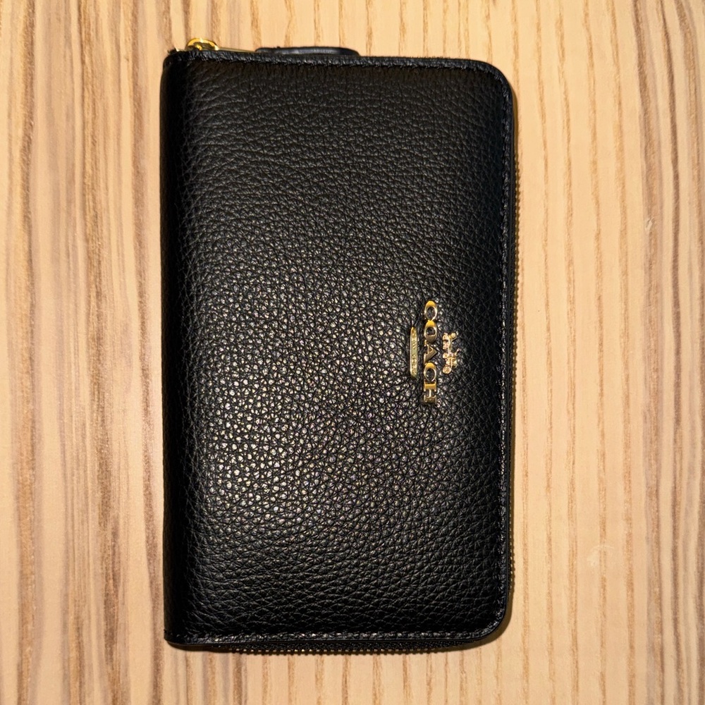 Coach Black Pebbled Leather Zip Around Wallet with Gold Hardware – New